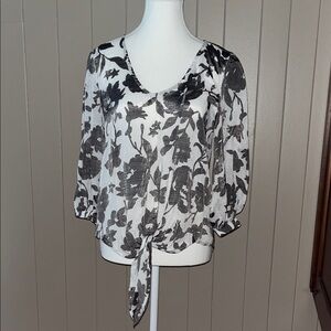 Elegant Floral Women's Blouse - Gray and White - Medium